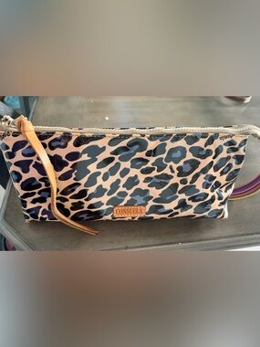 Consuela Blue Jag Leopard Print Zip Pouch Wristlet Colorful Woven Strap